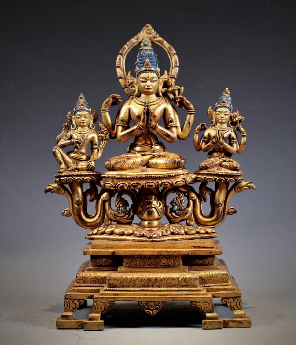 GILT BRONZE GEM-INLAID FIGURE OF SHADAKSHARI AVALOKITES (1 of 14)