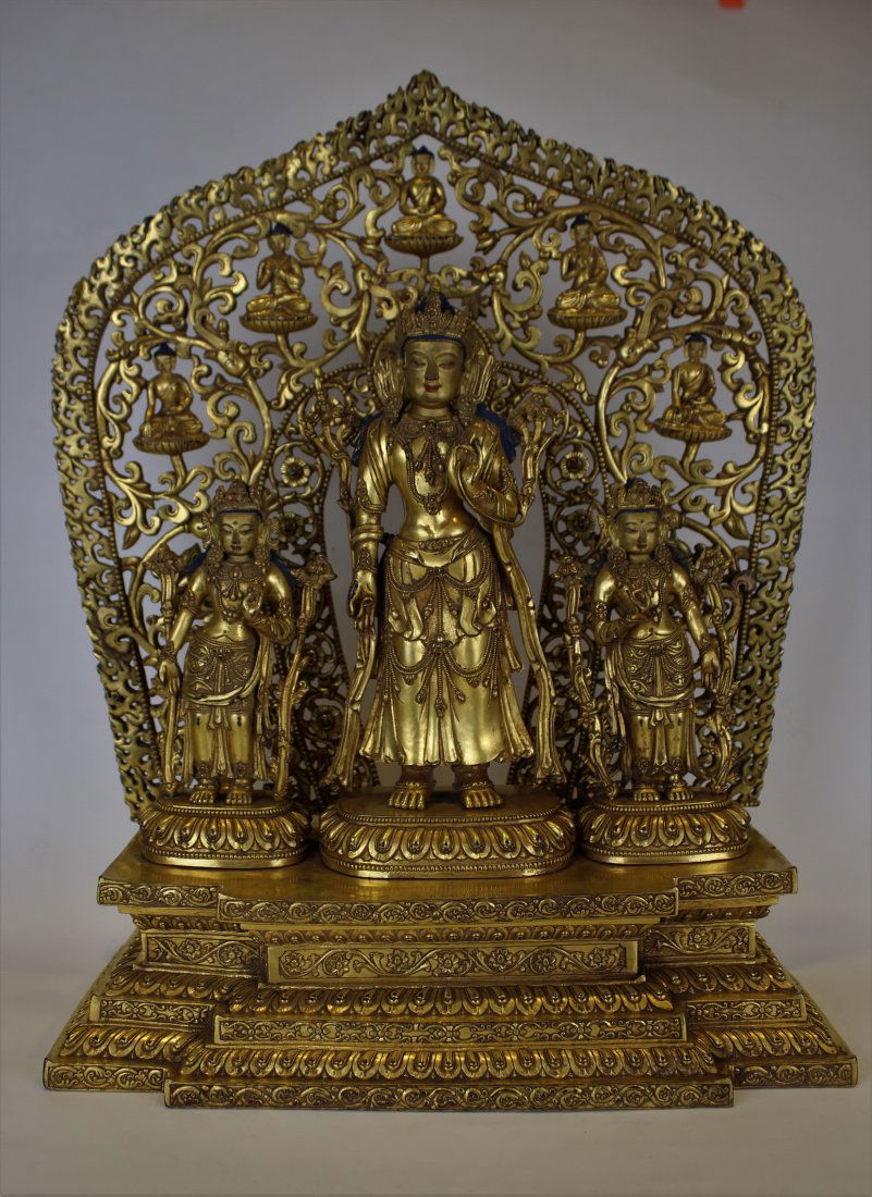 A GILT-BRONZE FIGURE OF MANJUSRI WITH MANDORLA (1 of 12)