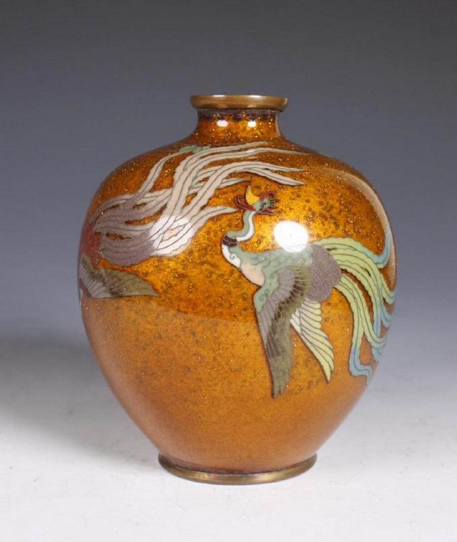 Japanese Cloisonne Globular Vase, Meiji Period: Japanese Cloisonne Globular Vase, Meiji Period, a rich and unusual Japanese cloisonnÃ© globular vase with gold fleck ground decorated with birds of paradise. Meiji Period (1868-1908). Dimension: 4 3