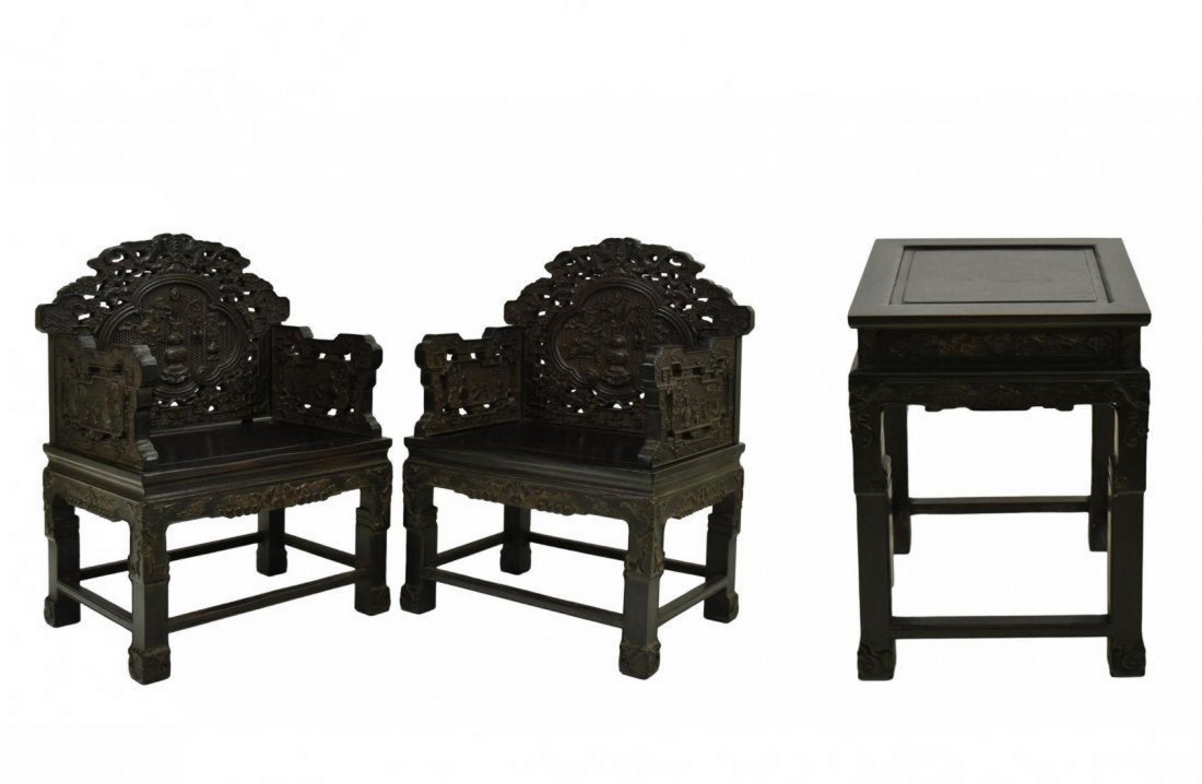 Pair of Zitan Bajixing Master Chairs and Stand: PAIR OF CHINESE ZITAN BAJIXIANG MASTERCHAIRS, with dense hardwood throughout, with a fine grain, elaborately carved surface- with BaJiXiang, The Buddhist Eight Emblems, stylized floral scrolling, and 