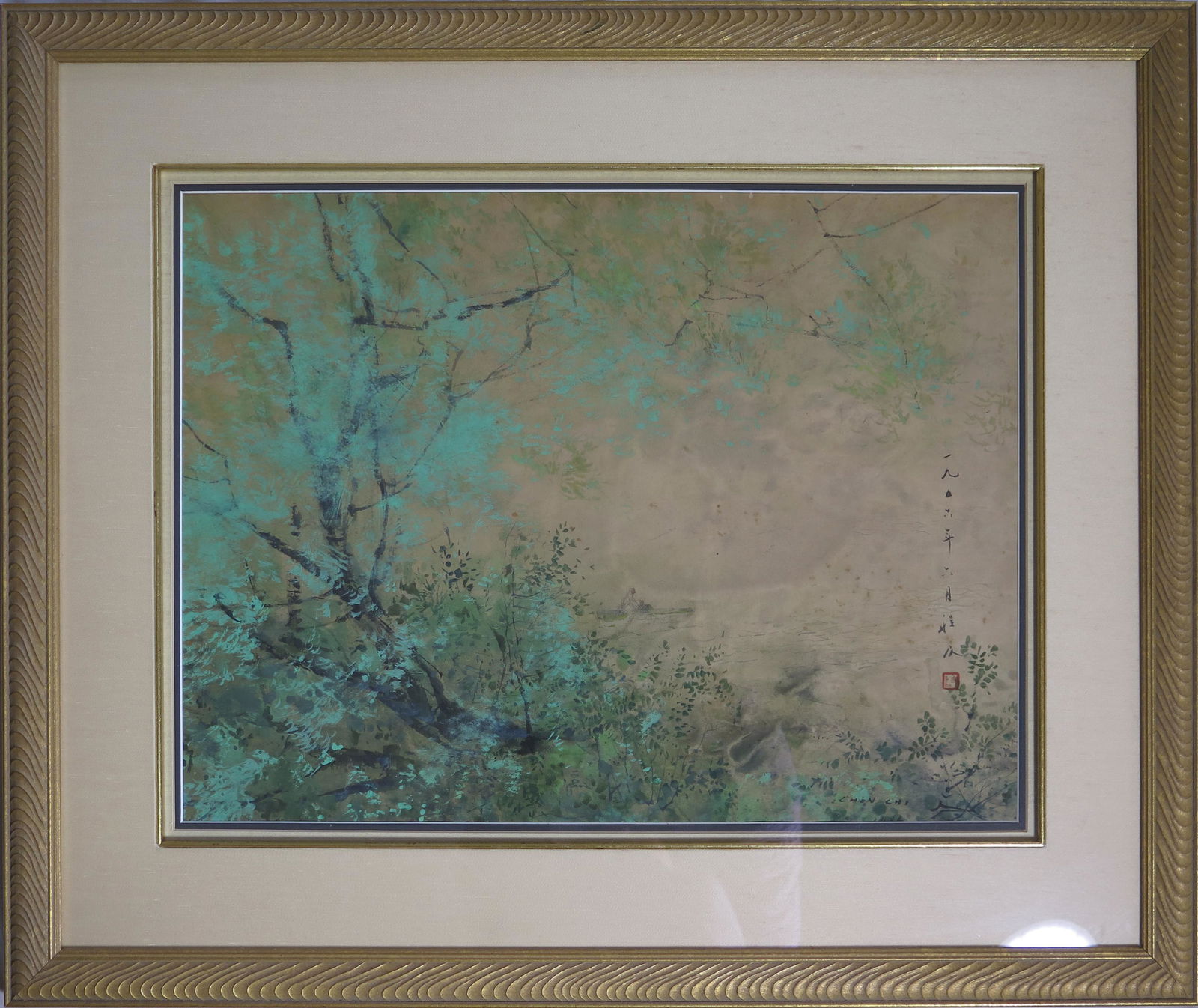 Chinese Painting Of Riverside Chen Chi (1912–2005): CHINESE WATERCOLOR PAINTING OF RIVERSIDE BY CHEN CHI (1912-2005). Ink and Color on paper With Artists mark Dimension: 16 1/2"(42cm) x 22 1/2"(57cm) PROVENANCE: Property of a Virginia private collector