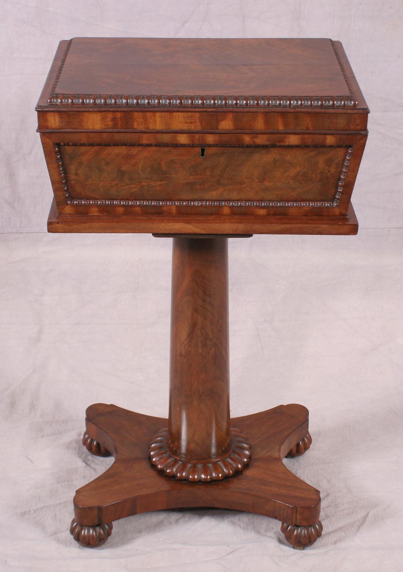 William IV Mahogany Teapoy, c. 1825-1880: William IV Mahogany Teapoy, c. 1825-1880 A very fine William IV Mahogany Teapoy (used to hold tea caddies), the containers mounted to a turned standard and shaped platform base with four elegant turne
