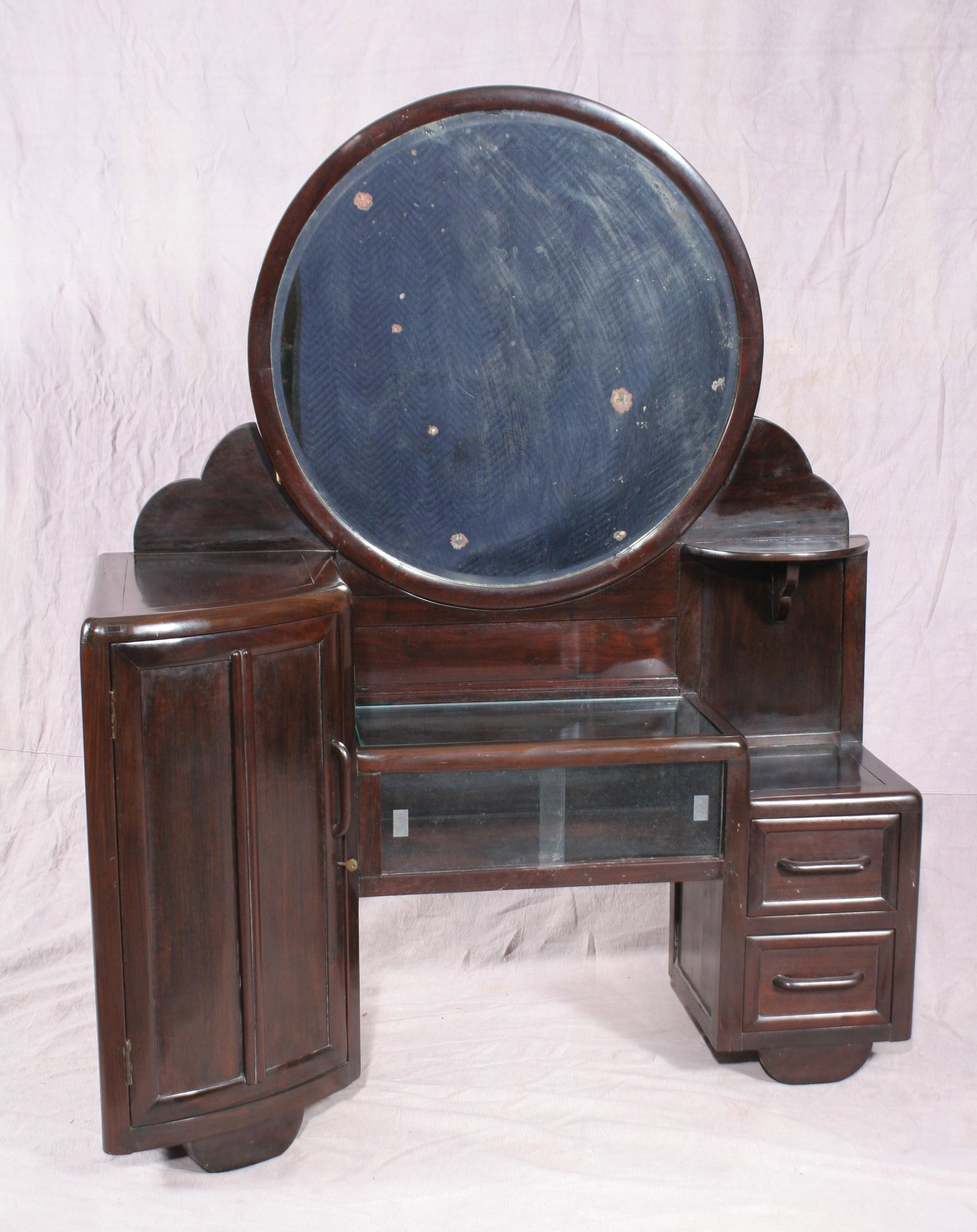 Chinese Shanghai Art Deco Blackwood Vanity, of the peri: Chinese Shanghai Art Deco (of the period) blackwood ladies vanity with mirror and “summer/winter” stool A very rare Chinese Shanghai Art Deco blackwood ladies vanity with mirror and “summer/wint