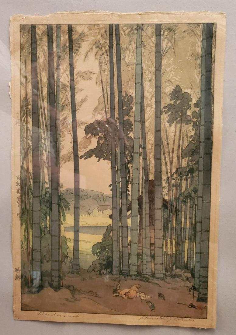 Signed "Bamboo Woods" original woodblock print by: A famous woodblock print by Hiroshi Yoshida (often referred to as â€œThe Father of the Modern woodblock print”). Scene titled â€œBamboo Woods”, and signed by Yoshida (1876-1950). c. 1939. 
