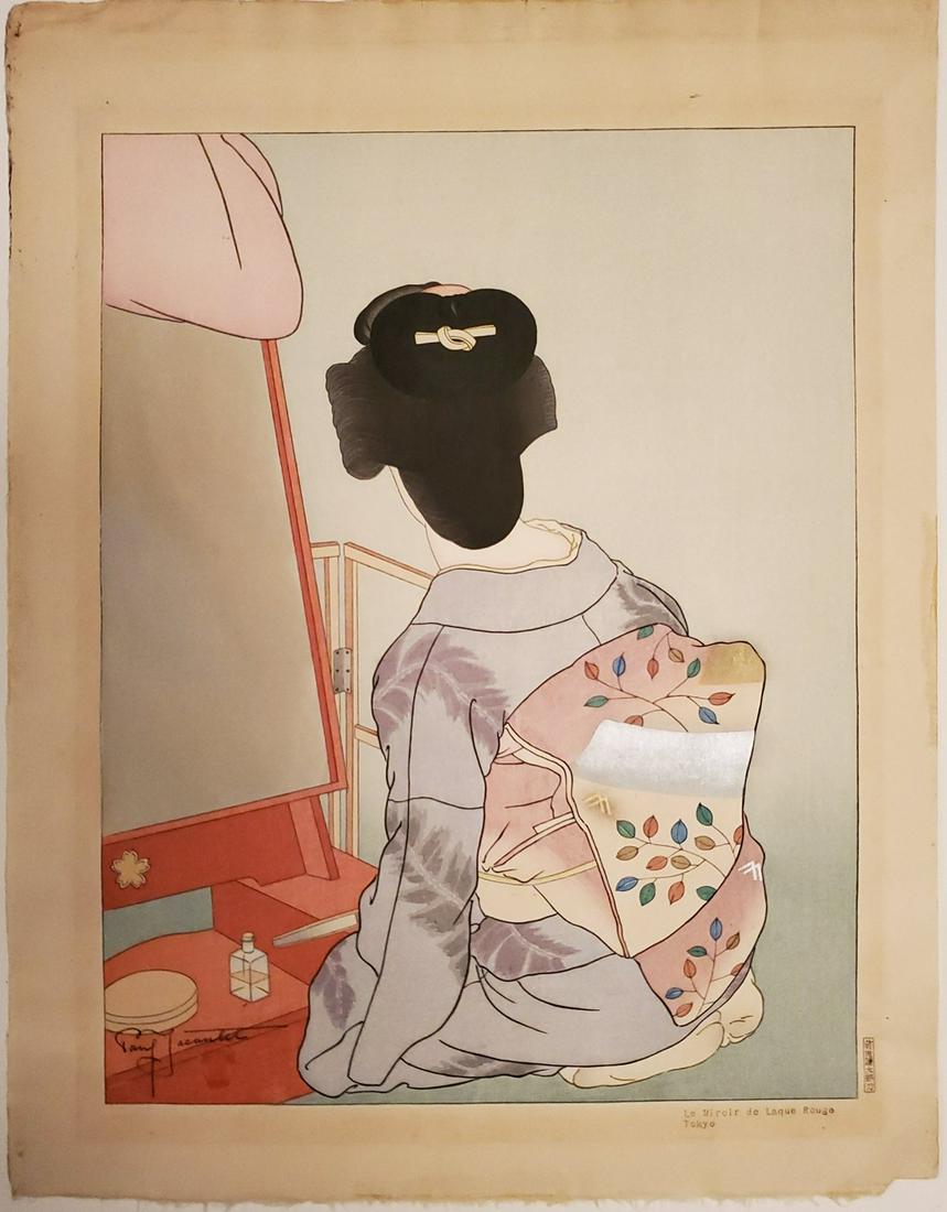 Paul Jacoulet woodblock print, with seal, "Le Mirror de: Paul Jacoulet woodblock print, with seal, "Le Miroir de Laque Rouge" Original Japanese woodblock print by the famous Paul Jacoulet (with seal), titled â€œLe Miroir de Laque Rouge, Toyko”, 1938. 