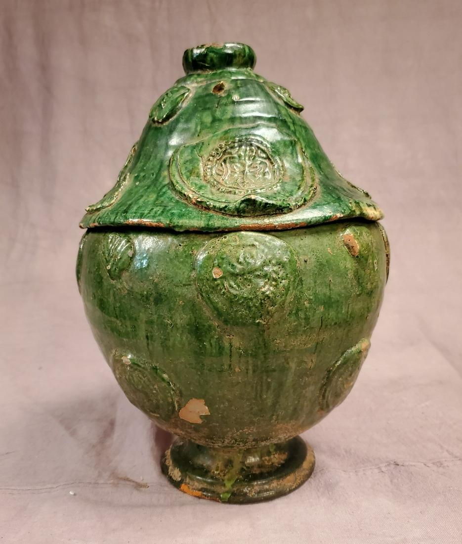 Large Ming Dyn. Green Glazed Offering Vessel: A large Chinese offering vessel from Yunnan Province. Early Ming Dynasty (of the period) Dimension: 14" high x 10" wide. A LIST OF RECOMMENDED THIRD-PARTY SHIPPER IS AVAILABLE UNDER SHIPPING INFORMATI