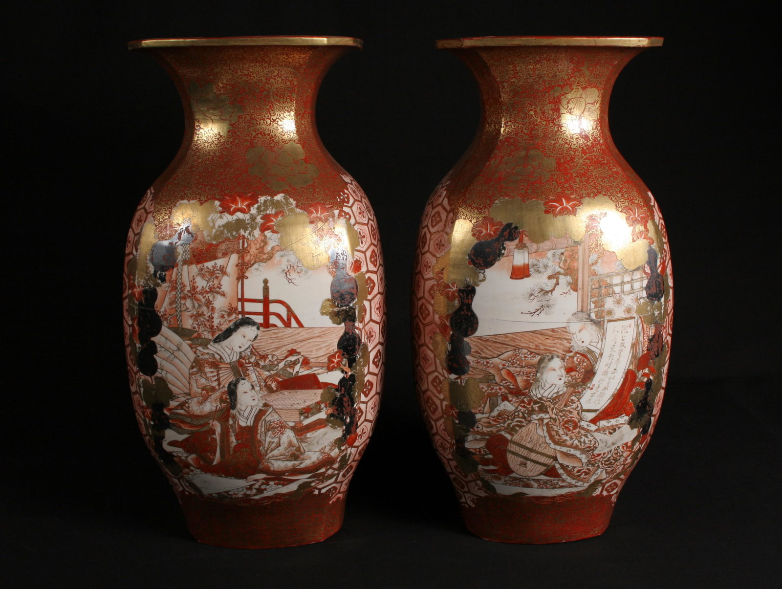 A massive pair of exceptional painted, gilded, and: Professionally restored firing crack in top of one vessel. Areas appearing black are actually oxidized silver. Extensive historical calligraphy on bottom. Late Edo/Early Meiji period Dimension: 23' hi