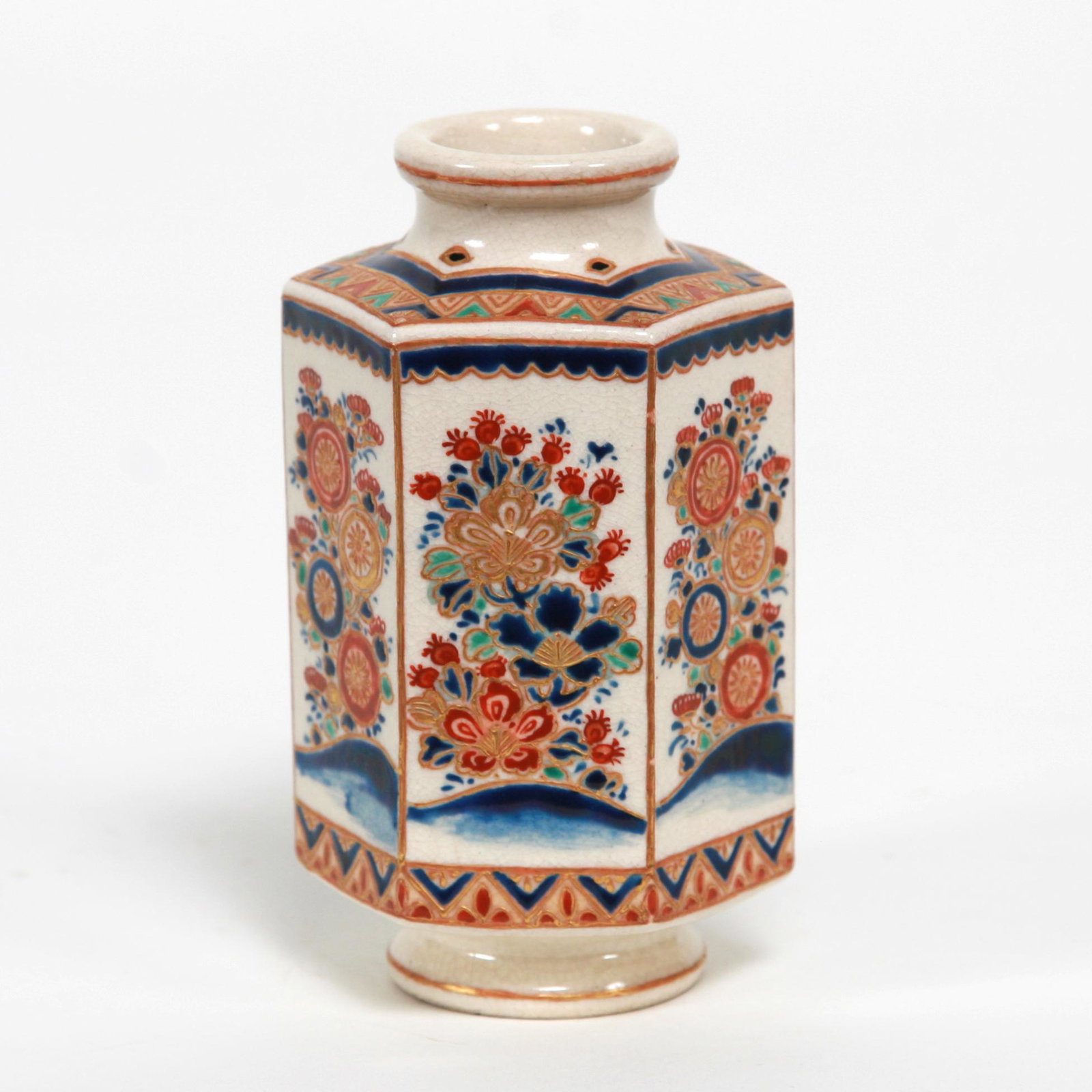Imperial Satsuma Hexagonal-Shaped Vase, Meiji period.: Imperial Satsuma Hexagonal-Shaped Vase, Meiji period. A rare hexagonal shape with 6 individual floral designs in the classic Gossu, gold and colored enamels. Signed in gold with the blue Satsuma crest