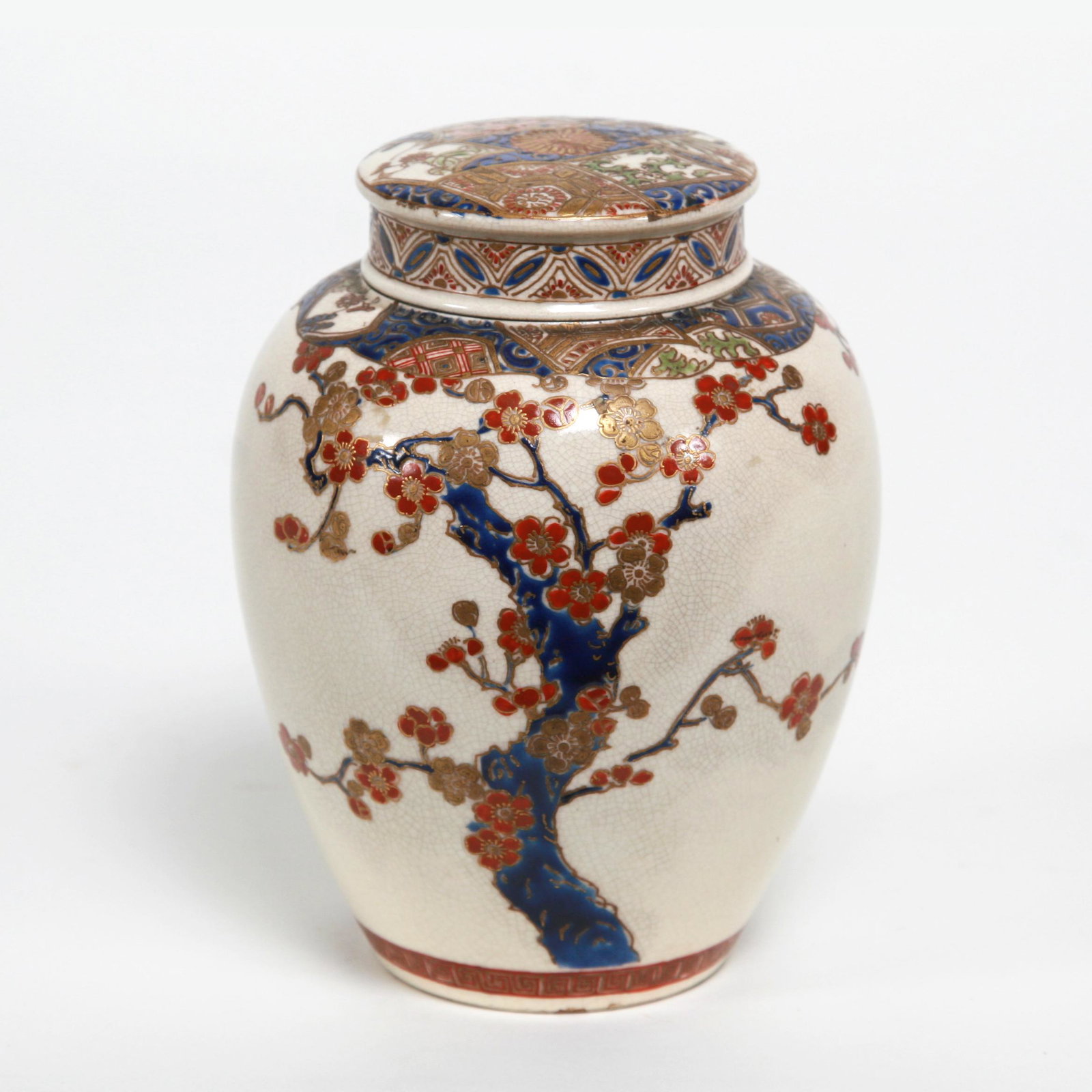 Japanese Imperial Satsuma tea jar, Meiji period: Japanese Imperial Satsuma tea jar, Meiji period. This elegantly designed jar with original lid is done in classic Gossu blue, gold and other enamels. Signed in overglaze red on bottom. Dimension: 6 1/