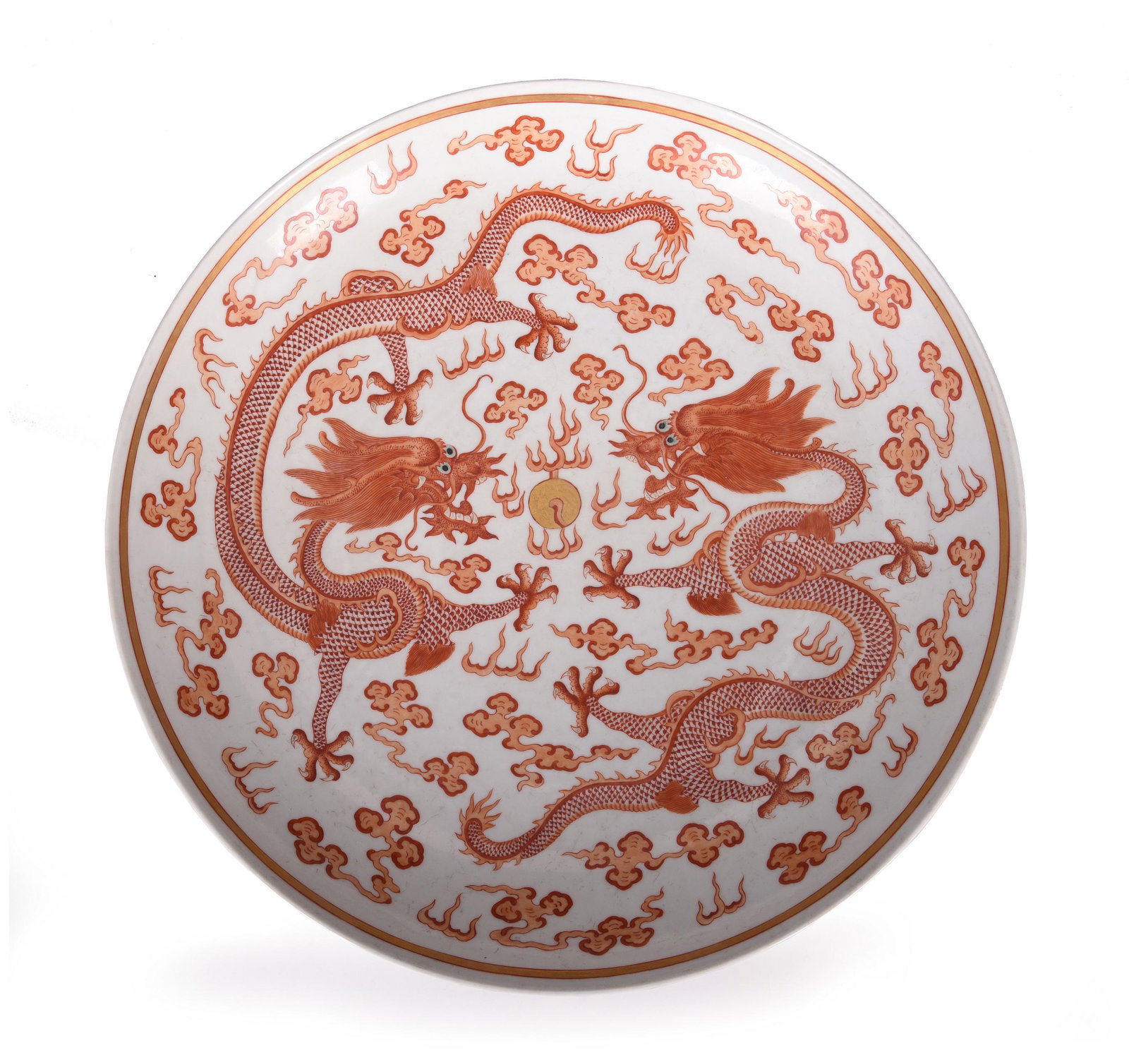 Iron-Red And Gilt-Decorated: Iron-Red And Gilt-Decorated 'Dragon' Porcelain Plate, Daoguang Mark. The interior and exterior painted in iron red with a pair of five-clawed dragons chasing 'flaming pearls' amidst flames and clouds,