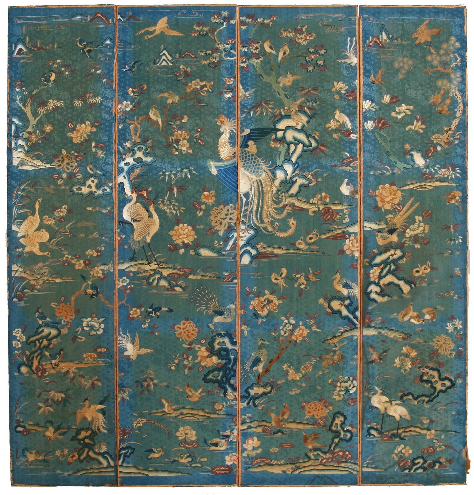 Set of Four Large Fine Chinese Embroidered: Set of Four Large Fine Chinese Embroidered 'Birds' Silk Panels. The workmanship is excellent, in the forbidden, satin and couched embroidery. Several small tears and fading in the interior which has b