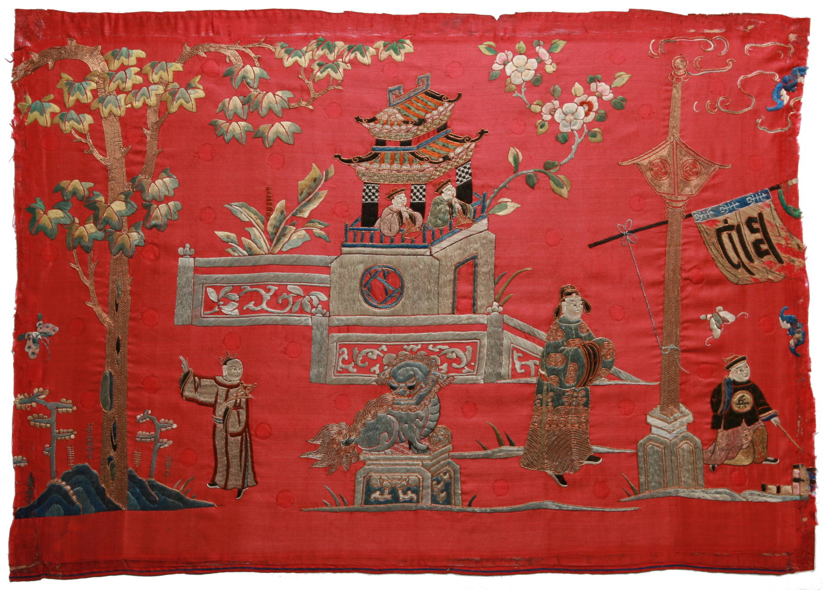19th C. Large Chinese Red Silk and Gold Thread: 19th C. Large Chinese Red Silk and Gold Thread Embroidered Panel. Finely embroidered silk textiles with virtually every object using finely couched gold thread. Very good condition. Dimension: 31 1/2"