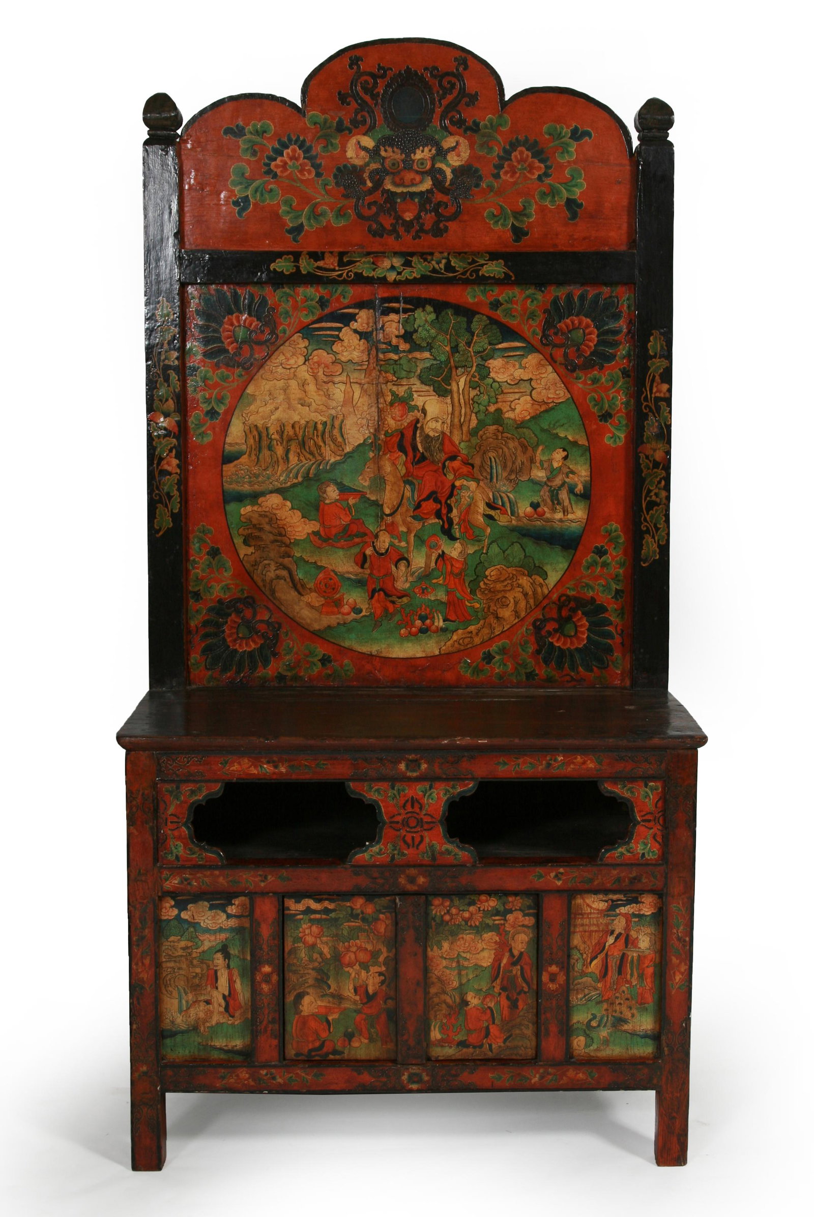 19th C. Excellent Painted Tibetan Shrine: 19th C. Excellent Painted Tibetan Shrine. These scenes depicting Buddhist events are the top quality of painted decoration in Tibetan furnishings. This appears to be 19th century with minor touch-up. 
