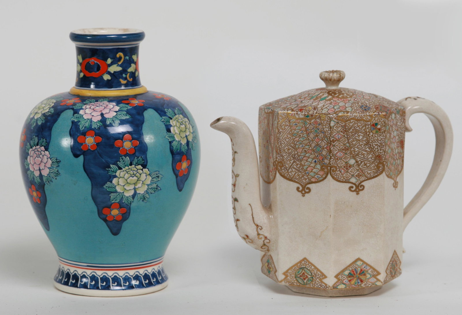 Meiji Satsuma Teapot & Teal Colored Satsuma Vessel: Meiji Period Satsuma Teapot & Teal Colored Satsuma Vessel. Fine early Satsuma teapot, Meiji Period. Finely and tastefully decorated Japanese teapot. Dimension: 6 3/4" high x 8" wide. Teal colored Sats