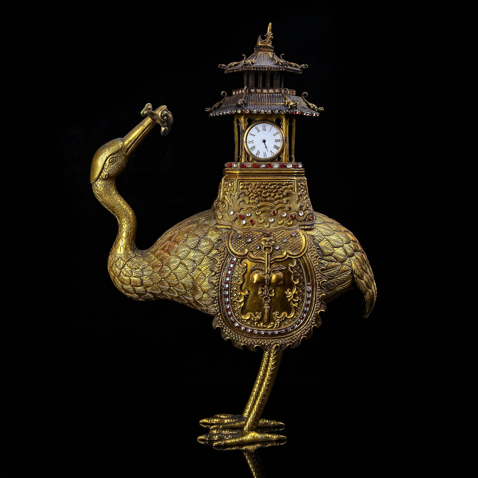 Ornate Gilt Bronze Bird Clock With Inlaid Stone (1 of 9)