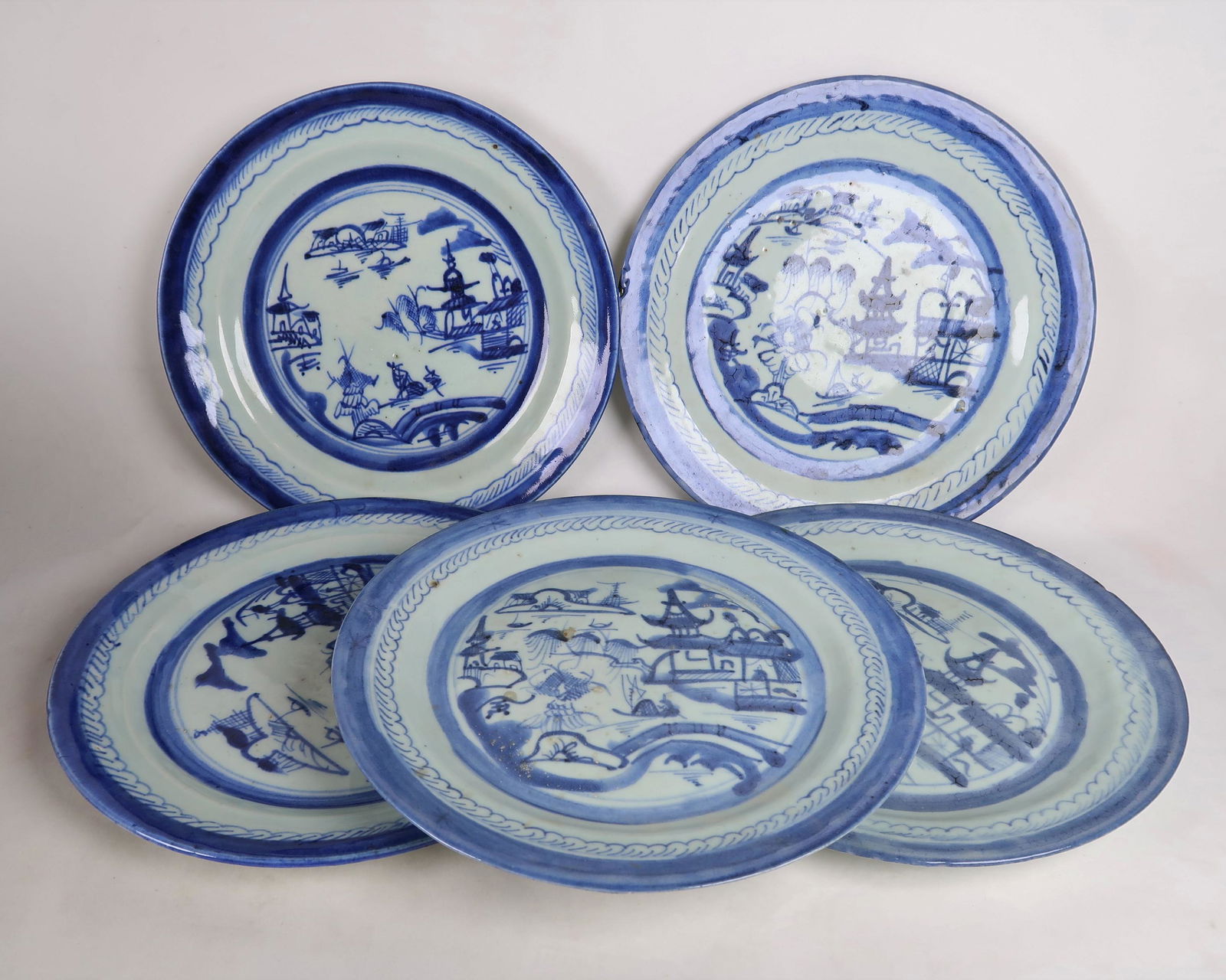 5 Chinese Canton Blue & White Dinner Plates (1 of 9)