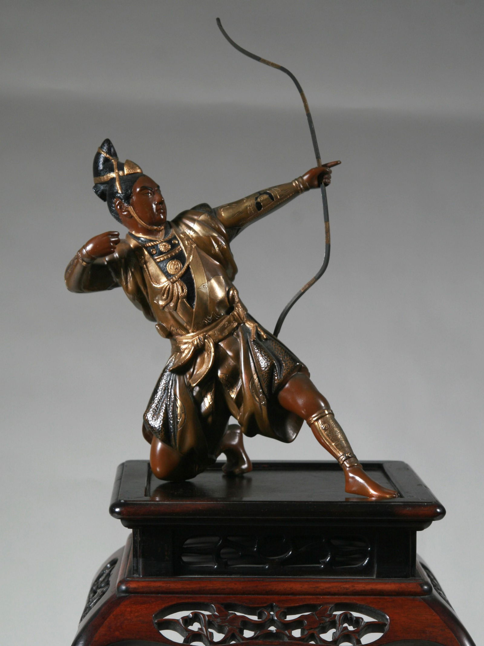 Japanese Bronze Archer On Tall Hardwood Stand (1 of 4)