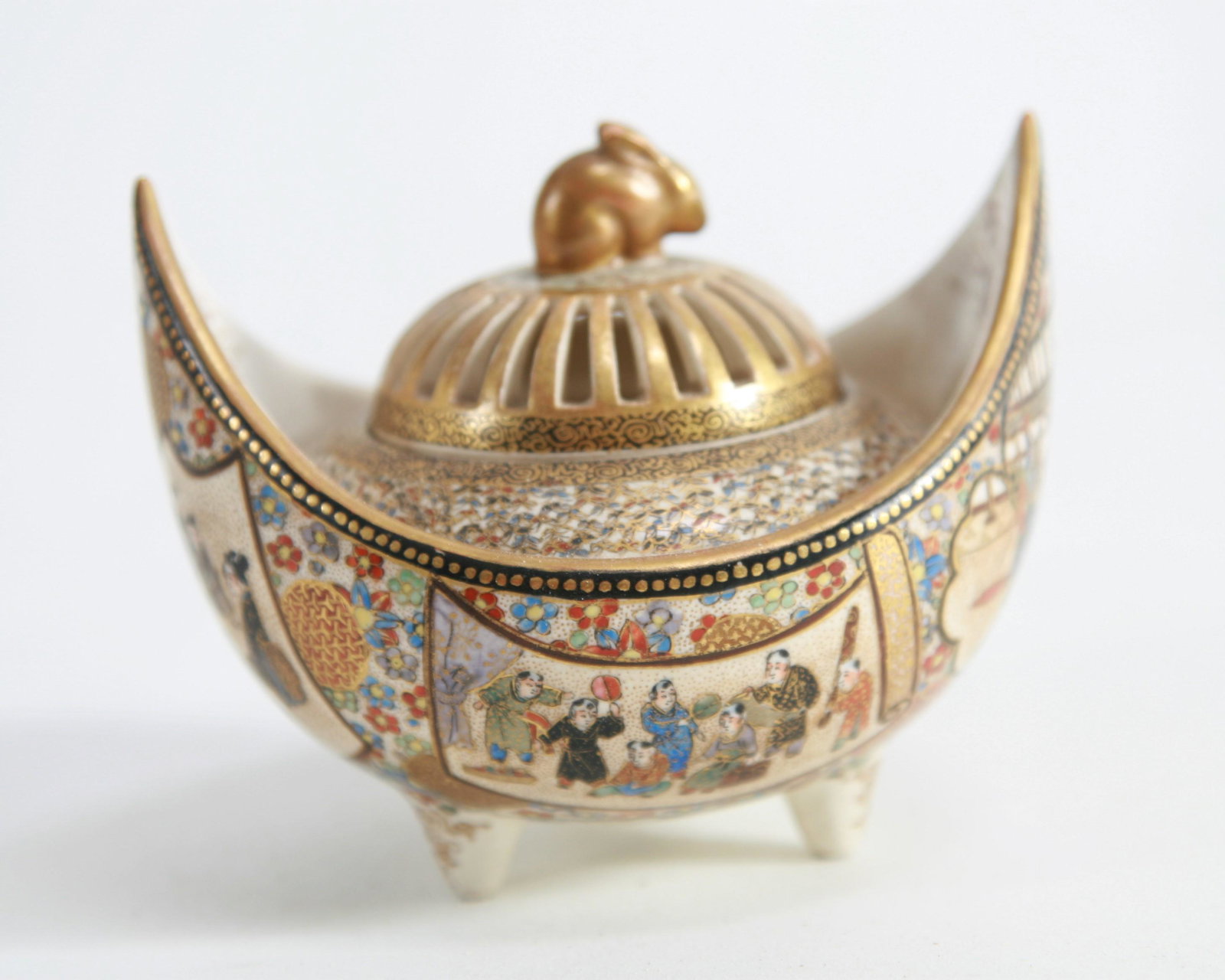 Satsuma Censer with Rabbit Finial, Signed, Meiji: Satsuma Censer with Rabbit Finial, Signed, Meiji (1868-1910). This is a rare shape with pierced lid and decorated with a "1000 Butterfly" pattern and various scenes of nobility. c. 1880's Size: A LIST