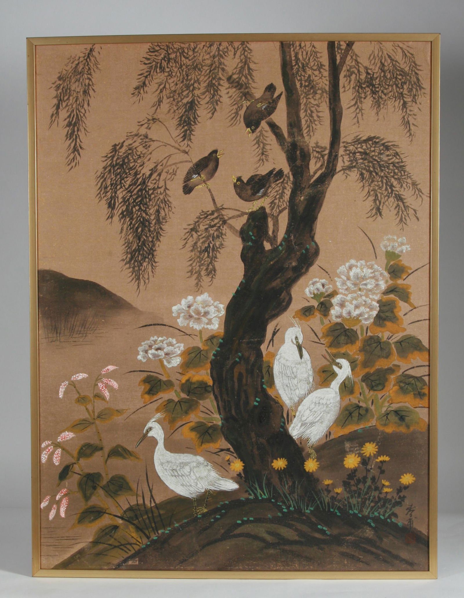 Japanese Painting, Early to Mid 20th Century: Japanese Painting, Early to Mid 20th Century. Large and nicely painted watercolor on paper of birds and nature. Dimension: Framed 40 3/4" H x 30 3/4" W; Painting: 40" H x 30" A LIST OF RECOMMENDED THI