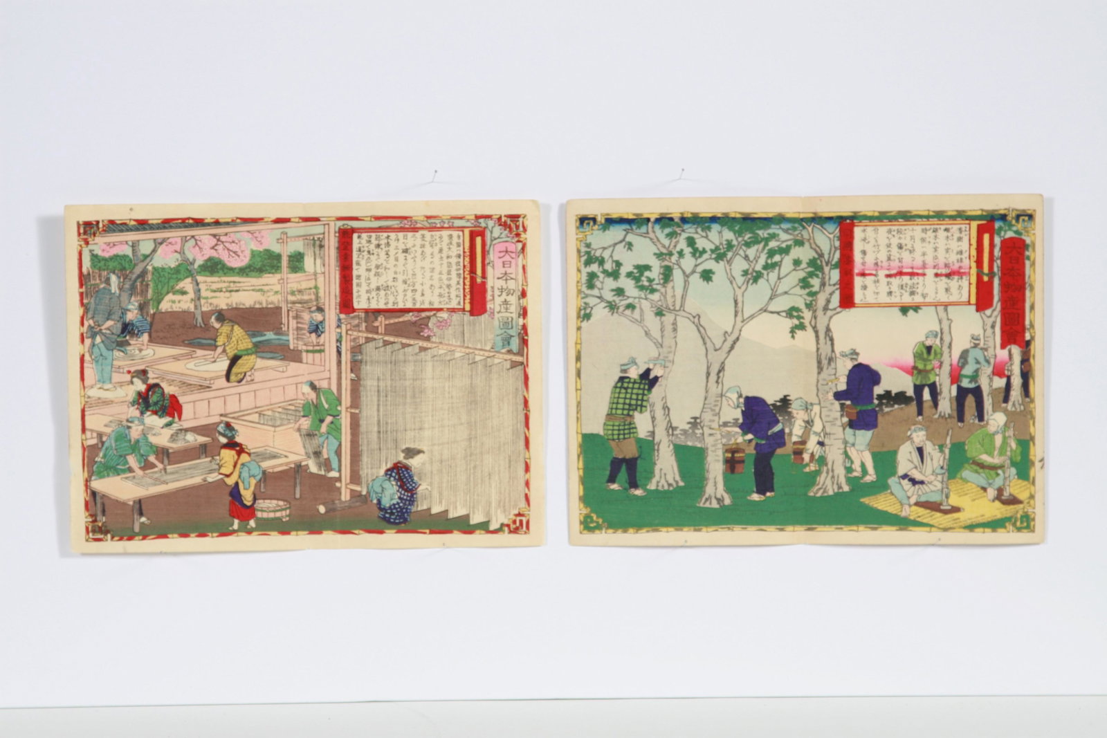 2 Japanese Woodblock Prints by Hiroshige III: 2 Japanese Woodblock Prints by Hiroshige III. Desirable scenes of noodle and lacquer making in old Japan. From the â€œDai Nippon Gussan Zue” series depicting Japanese in foreigner clothing. 