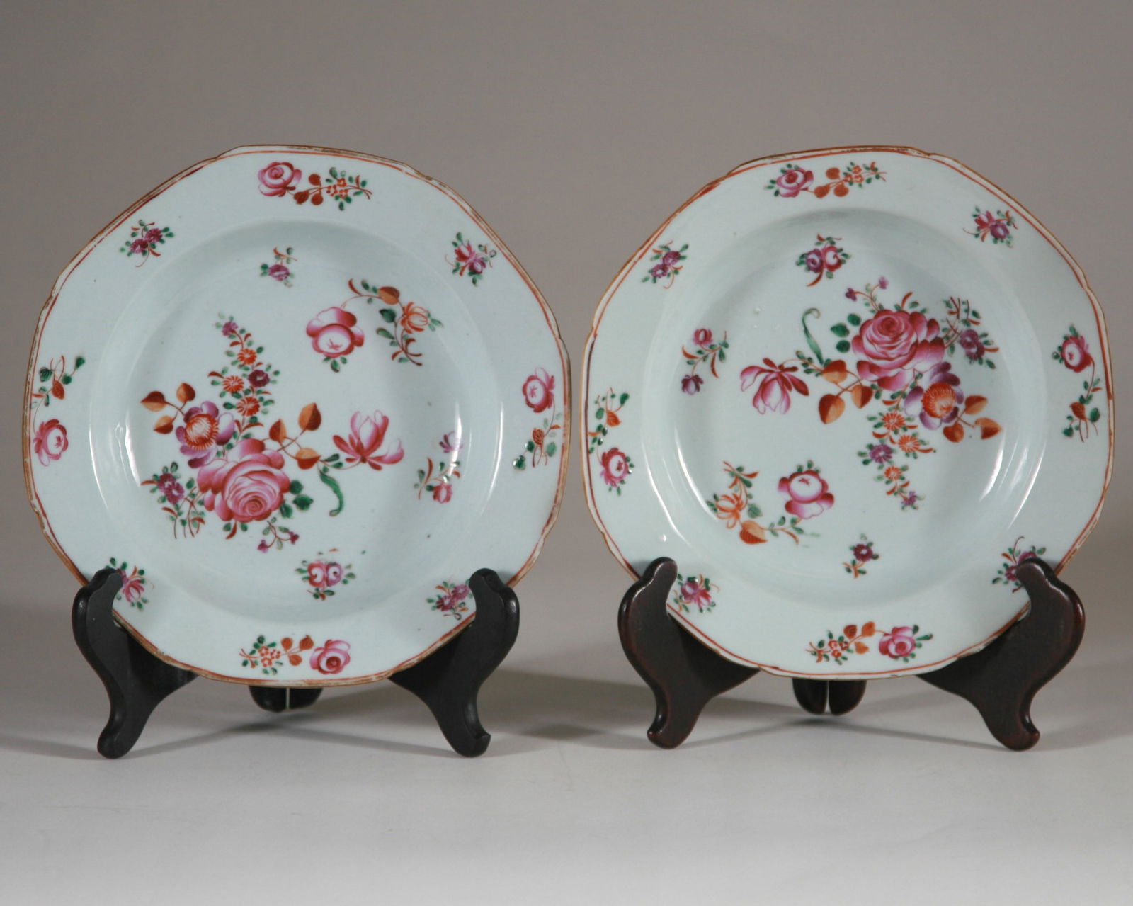 18th C. Pair Octagonal Chinese Export Plates, Famille (1 of 3)