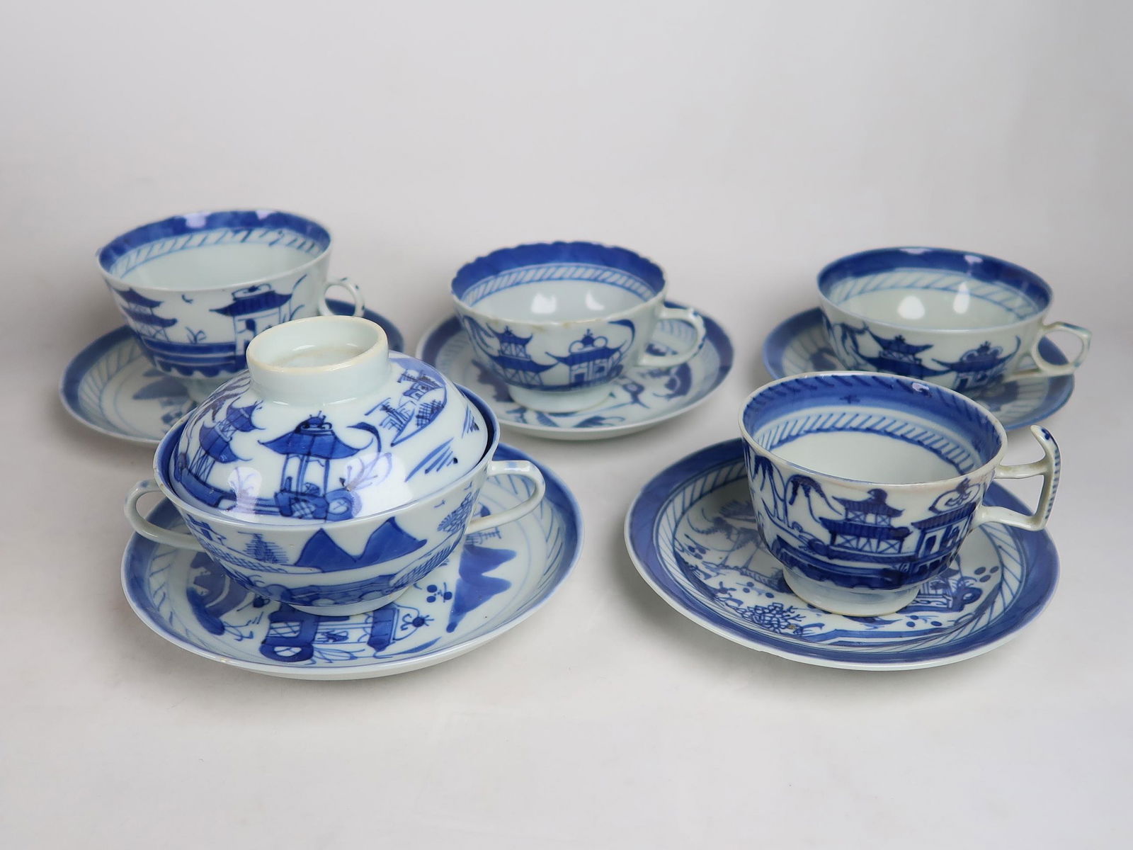 Chinese Canton Blue & White Assorted Cups & Saucers (1 of 7)
