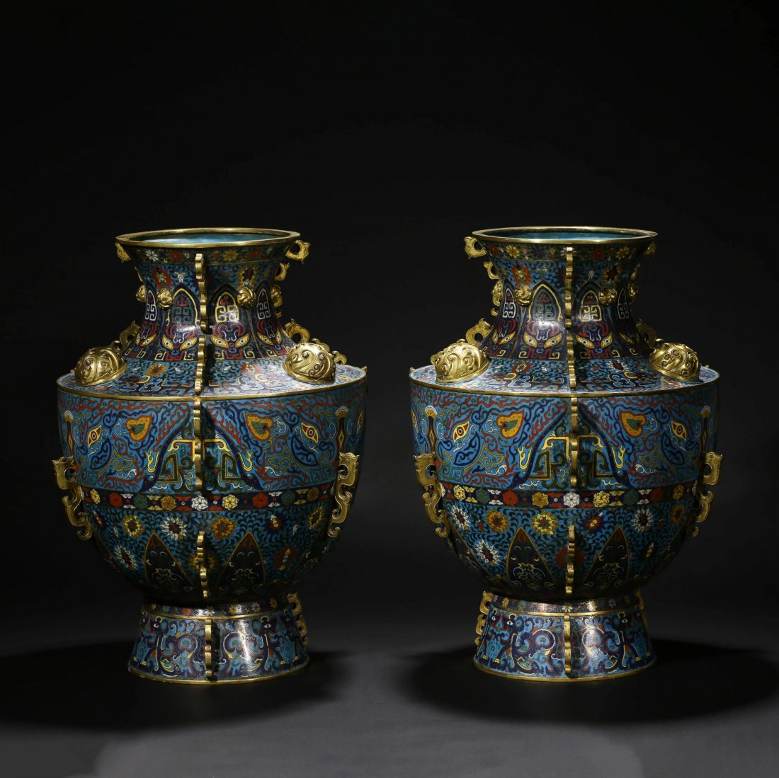 Pair of Cloisonne Enamel Beast Mask Vase, Qianlong Mark (1 of 1)