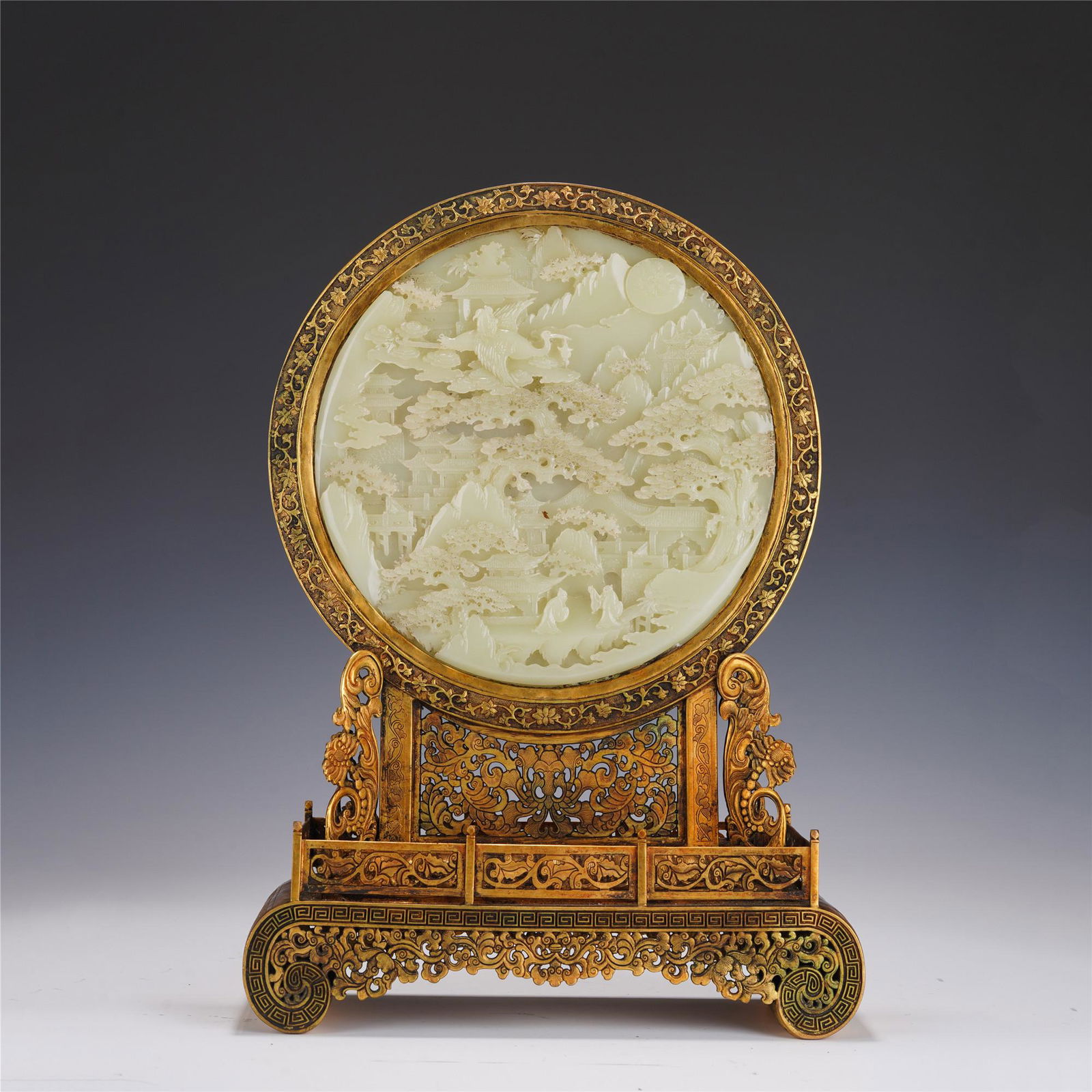 Fine Carved White Jade Inlaid Gilt-Bronze Table Screen (1 of 12)