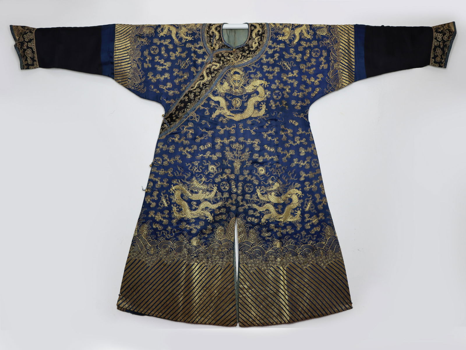 Qing Dyn. Blue-Ground Gold-Couched Silk Dragon Robe (1 of 14)