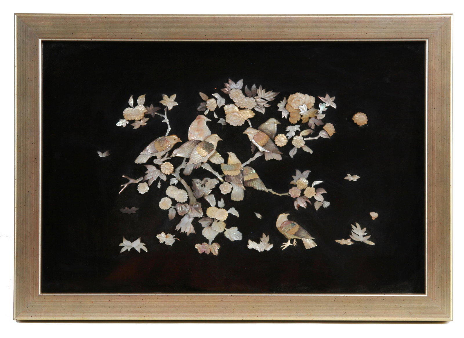 Japanese Lacquer Panel Inlaid with Mother of Pearl,: Japanese Lacquer Panel Inlaid with Mother of Pearl, Meiji Period. Extensively well carved and inlaid mother of pearl, birds, flowers and leaves fill the black lacquer plaque. This quality subject and 