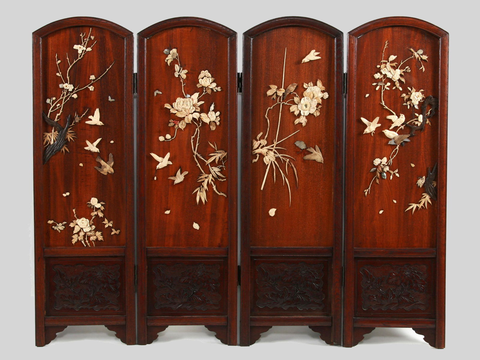 Fine Japanese 4 Panel Carved and Inlaid Wood Screen, (1 of 7)