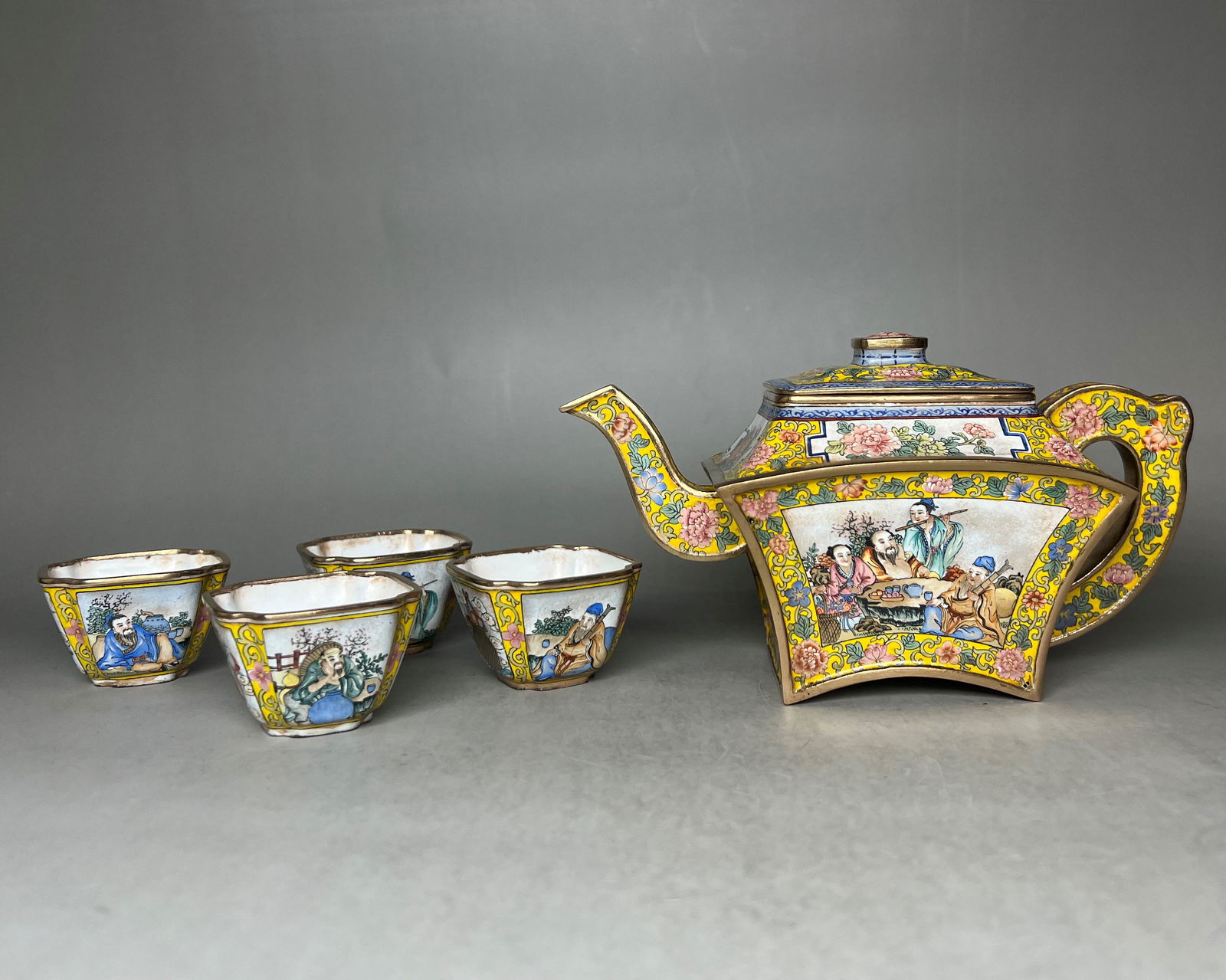 Painted Enamel Bronze Teapot & Cup Set With Mark (1 of 9)