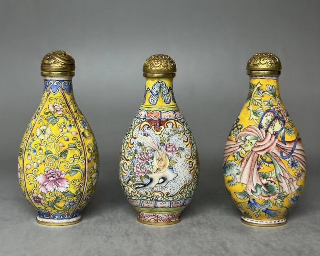 Three Enamel Painted Bronze Snuff Bottles With Mark (1 of 8)