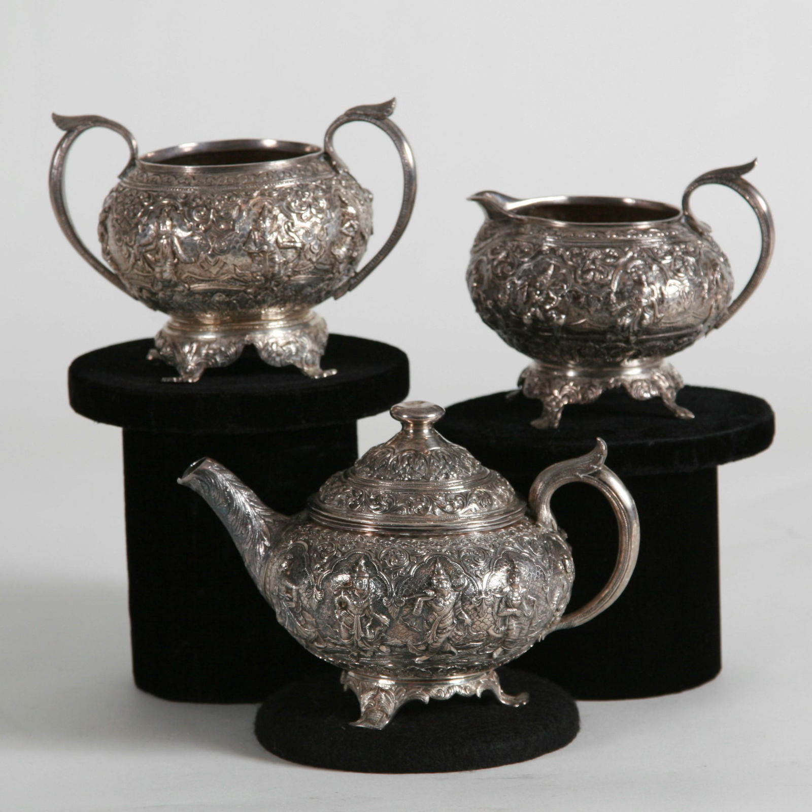 Fine Burmese 3 Piece RepoussÃƒÂ© Silver Tea Set, 19th/20th. (1 of 5)