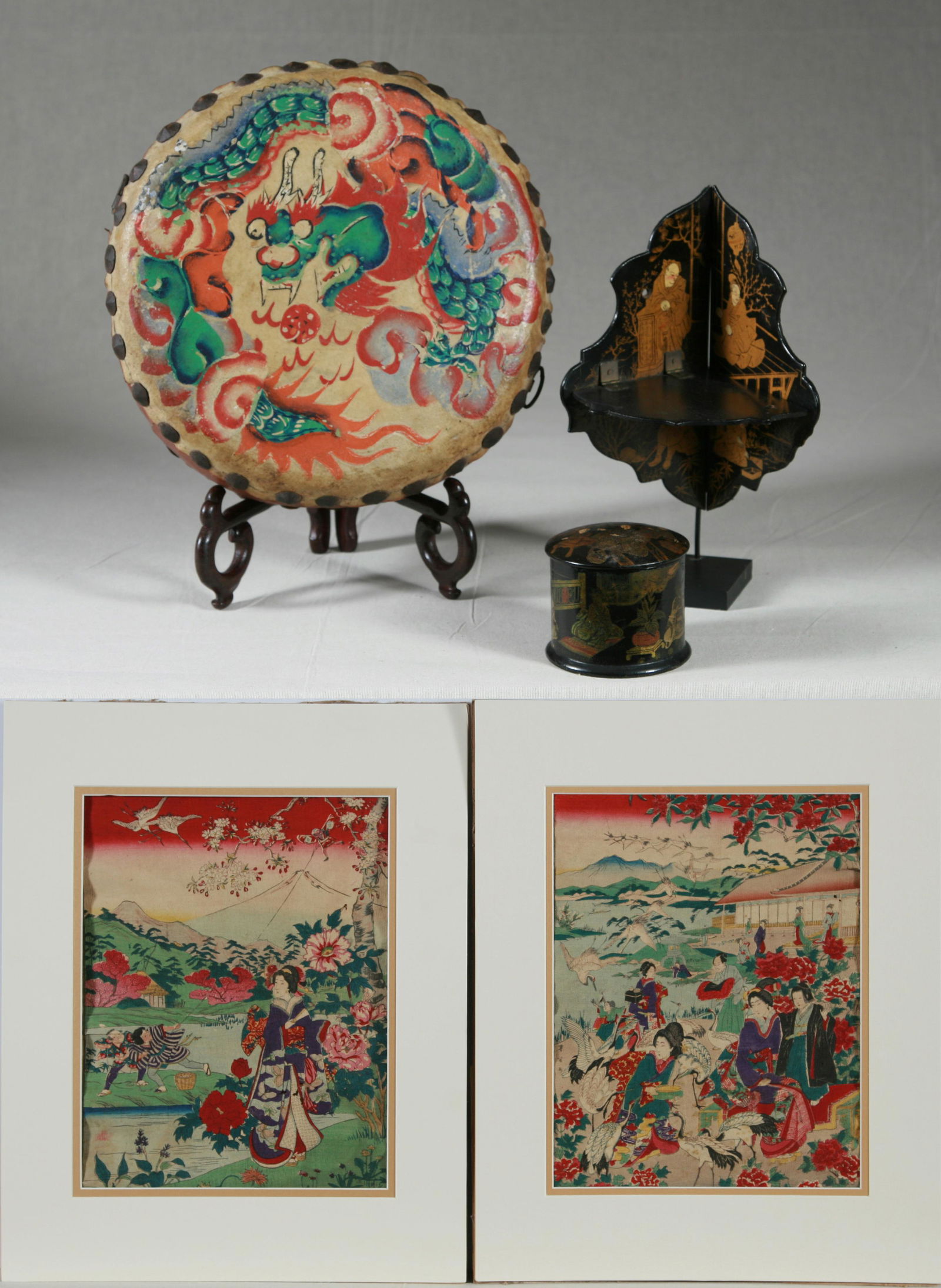 Lot of Chinese & Japanese Antiques, Primarily 19th Century: Lot of Chinese & Japanese Antiques, Primarily 19th Century. Miniature chinoiserie folding wall shelf with gilt decoration. Miniature chinoiserie coverbox with gilt decoration. Painted provincial drum