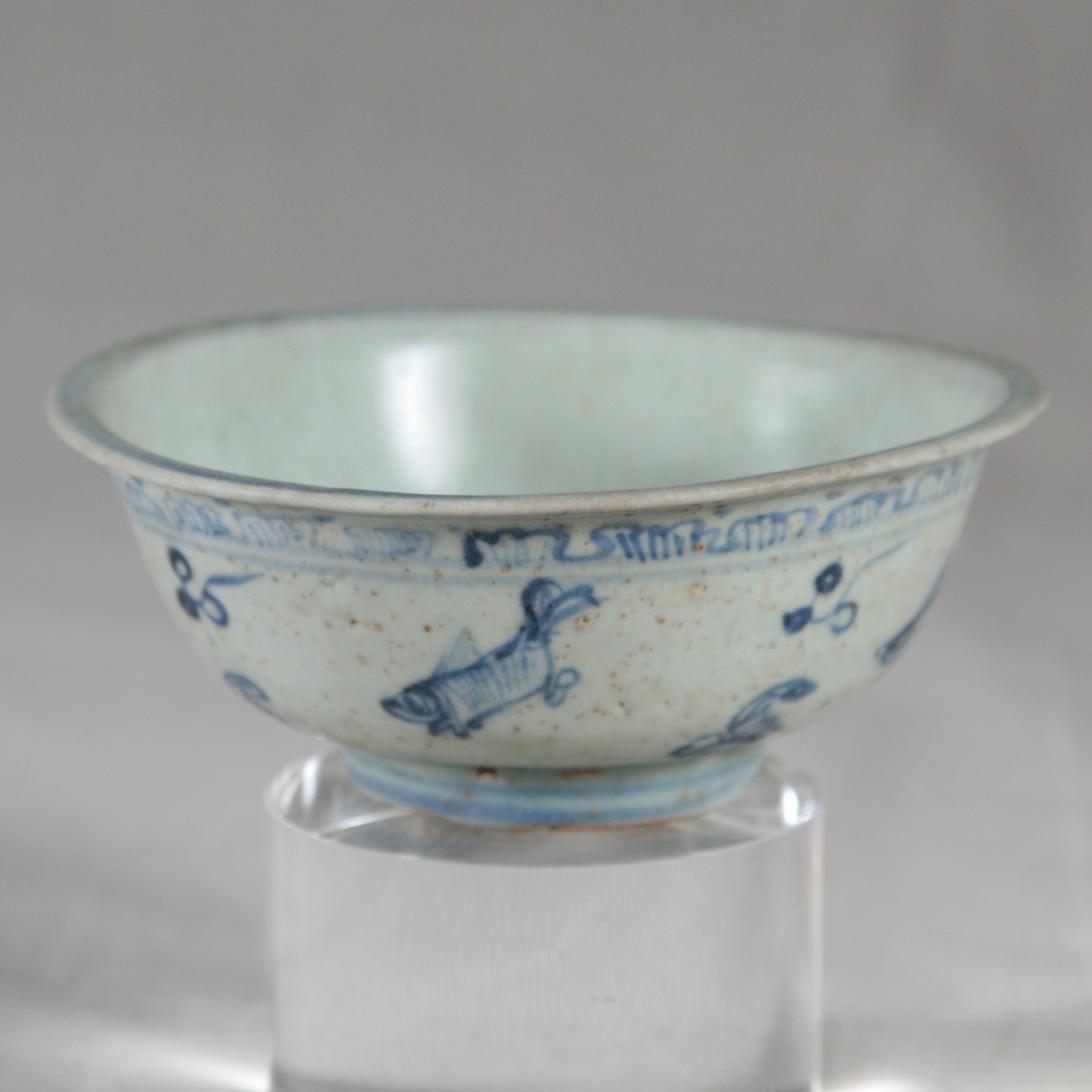 Chinese Blue & White Bowl, Ming Dynasty: Chinese Blue & White Bowl, Ming Dynasty. This uncleaned bowl has a delightful decoration of swimming fish inside and out. Ex Bob Egan Collection, Purchased 1968-1980