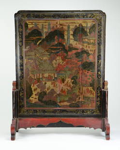 Chinese Double Sided Painted Lacquer Scholar's Table Screen: DescriptionChinese Double Sided Painted Lacquer Scholar's Table Screen A landscape scene in gilt, red and black lacquer with scholars, pavilion, trees, and mountains. Reverse with gilt and black lacqu