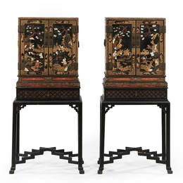 A Pair Of Chinese Lacquered Cabinets  On Ornately Carved Wood Stand