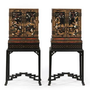 A Pair Of Chinese Lacquered Cabinets On Ornately Carved Wood Stand: A Pair Of Chinese Lacquered Cabinets On Ornately Carved Wood Stand Dimension: A LIST OF RECOMMENDED THIRD-PA