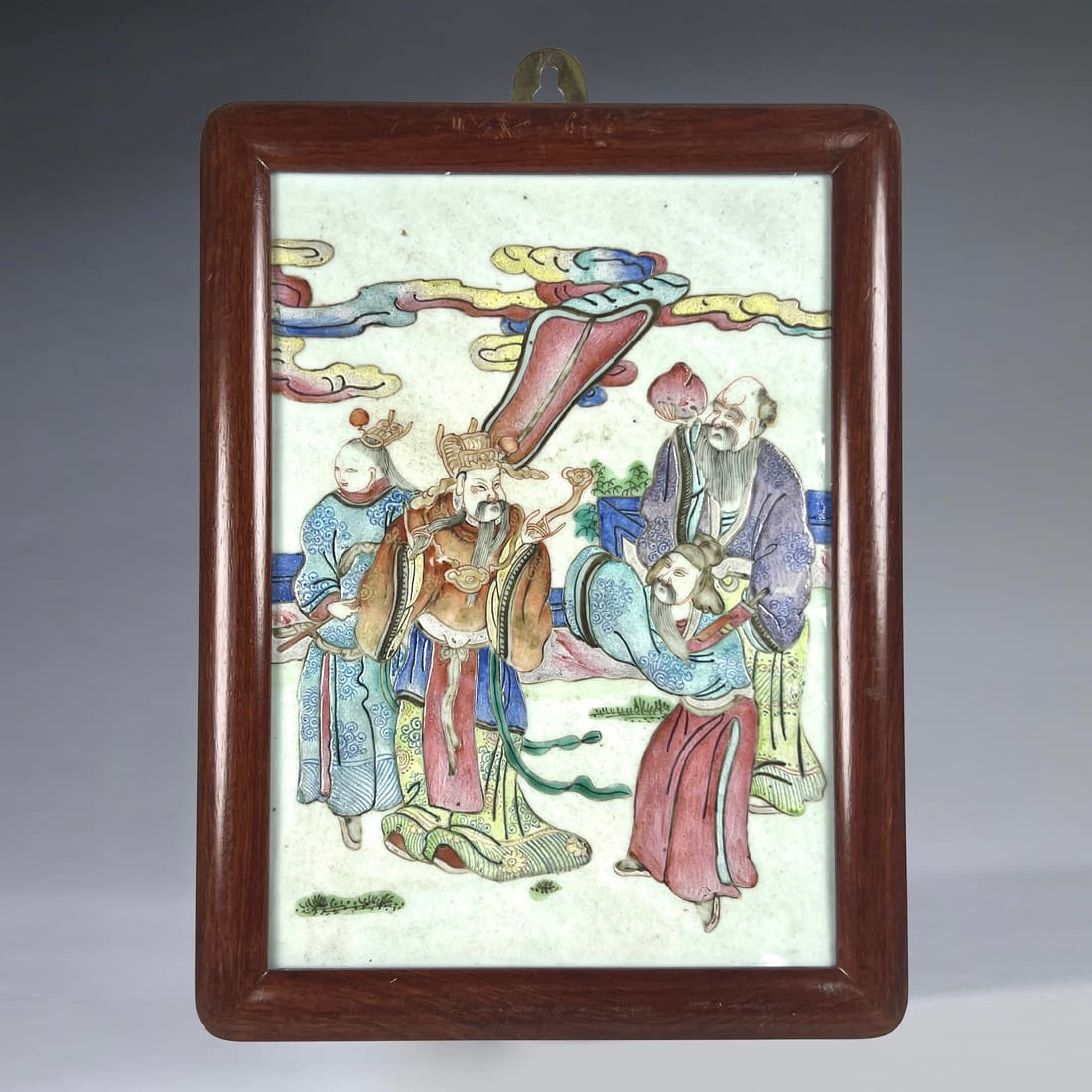 A CHINESE FAMILLE ROSE LANDSCAPE PORCELAIN PLAQUE WITH WOOD FRAME (1 of 6)