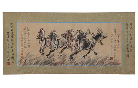 A CHINESE PAINTING OF GALLOPING HORSES SIGNED XU BEIHONG: A CHINESE PAINTING OF GALLOPING HORSES SIGNED XU BEIHONG Painting depicting galloping horses, mounted, ink and light color on paper, inscribed and signed Xu Beihong, with seals of artists or collector