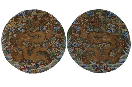 Pair Of Embroidered 'Dragon' Silk Roundel