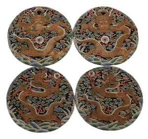 Four Of Embroidered 'Dragon' Silk Roundel