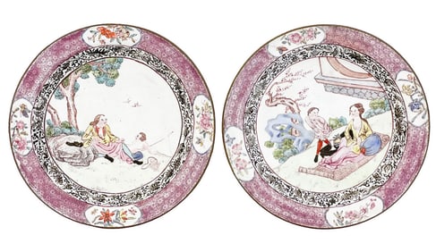 PAIR OF PAINTED ENAMEL 'EUROPEAIN SUBJECT' DISHES