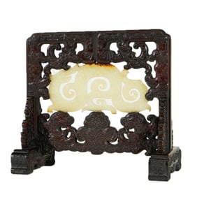 A JADE INLAID ROSEWOOD TABLE SCREEN