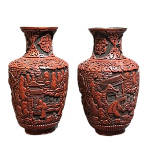 A PAIR OF CINNABAR VASES