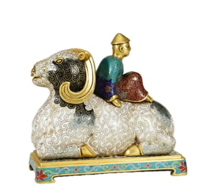 A CLOISONNE ENAMEL FIGURE ON RAM