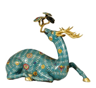A CLOISONNE ENAMEL DEER WITH LINGZHI