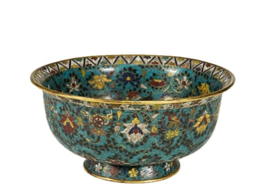 A CLOISONNE ENAMEL LOTUS SCROLLS BOWL