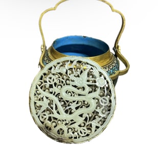 ORNATE CLOISONNE GILT VESSEL WITH CARVED WHITE JADE COVER